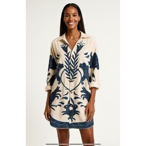 KAANA SWIMWEAR SHIRT DRESS SM OVERSIZED ROLL TAB SLEEVE FLORAL RABBIT TROPICAL